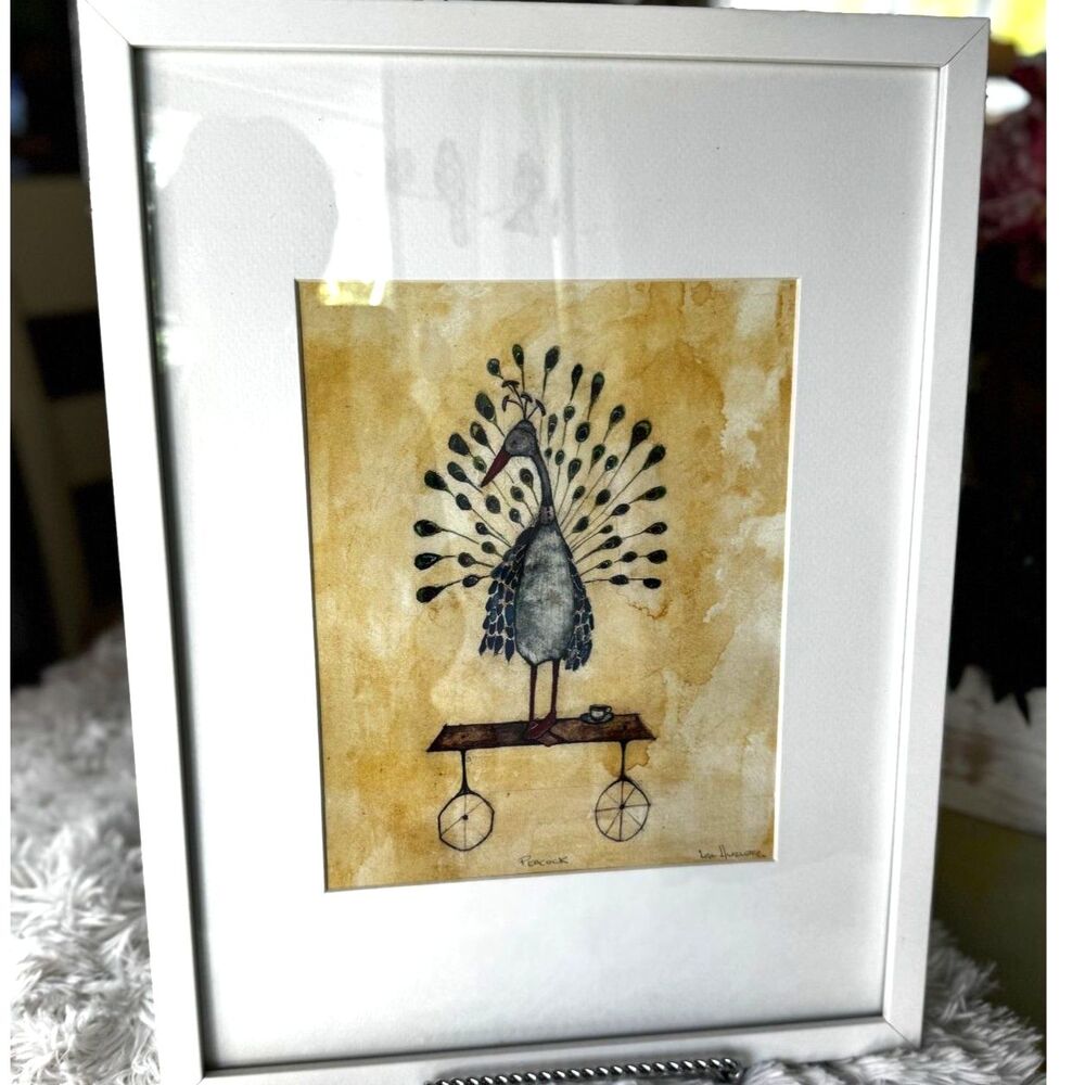 Original Lisa Hurwitz watercolor painting peacock with tea cup framed and signed - Picture 2 of 6